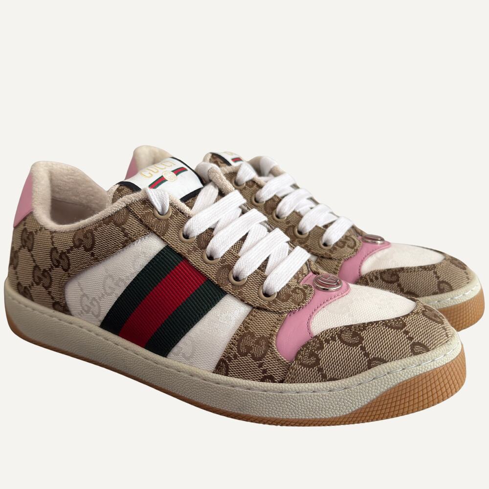 Gucci Screener Low Top GG Monogram Canvas Pink Web Stripe Sneaker Women's US 8